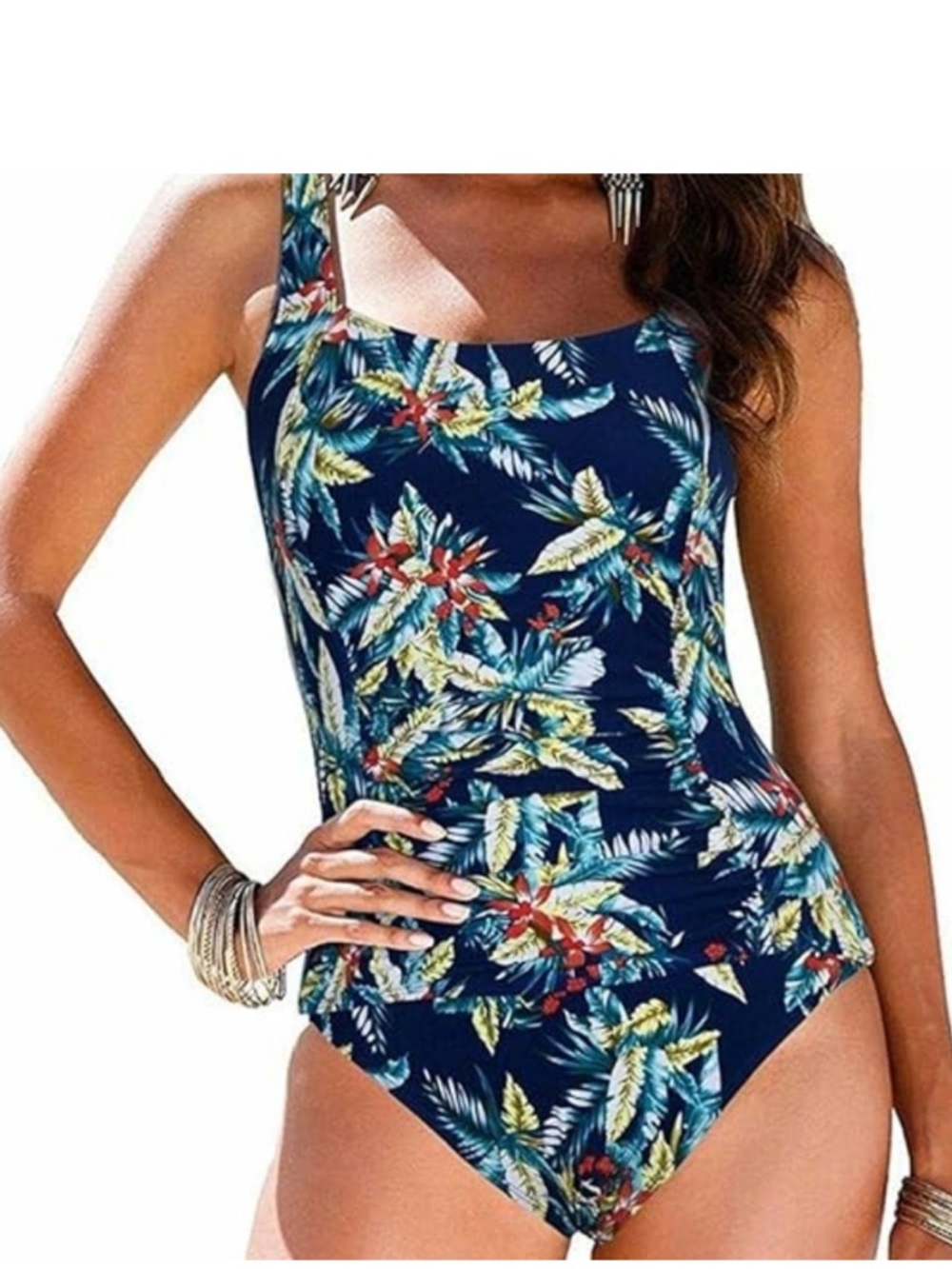 Firpearl tummy control swimsuit tropical hibiscus palm print banana leaf size 16